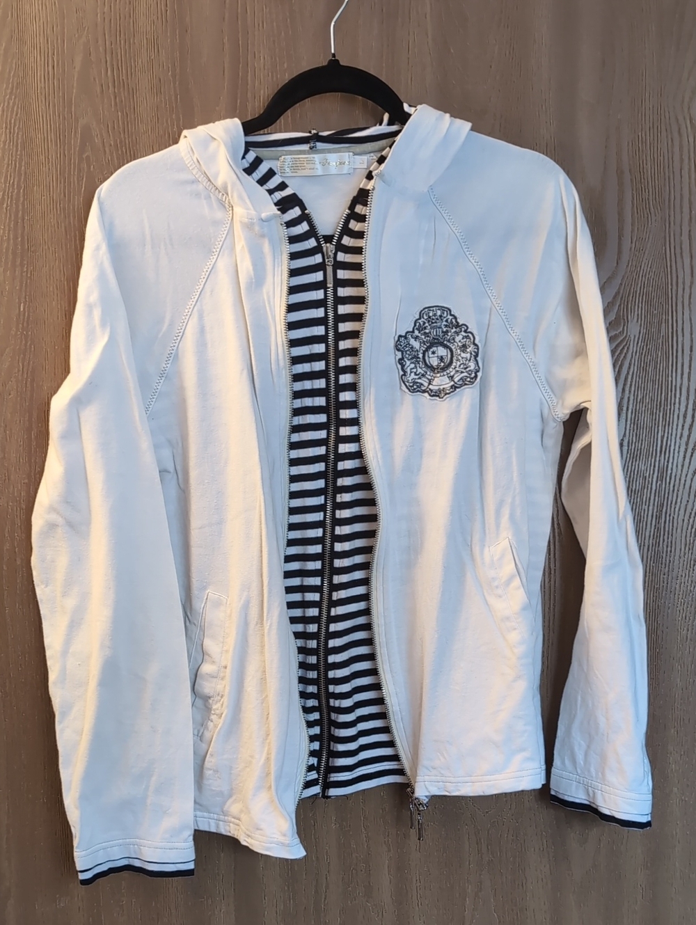 Black and White Striped Hooded Zip Jacket